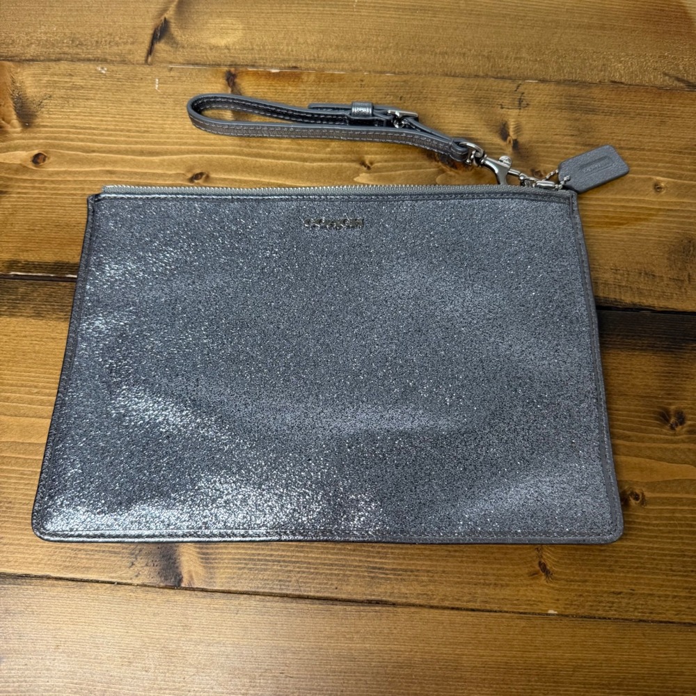 Coach Metallic Gunmetal Leather Large Wristlet Clutch Pouch Silver Glitter